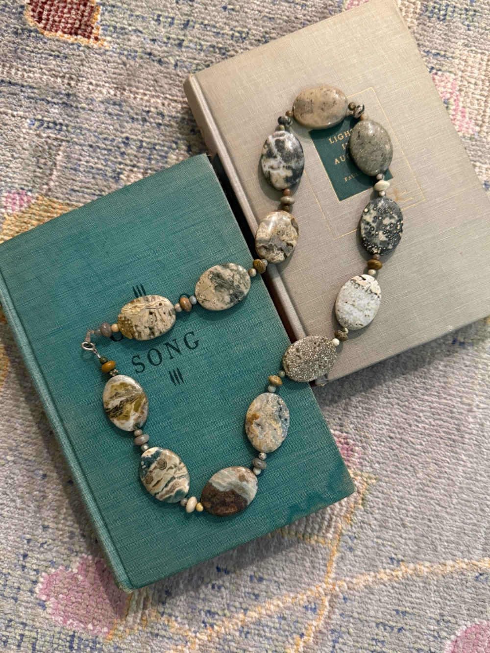 Jasper Agate Beaded Natural Stone‎ Necklace Sterling Silver 925 Earth Tone 22”